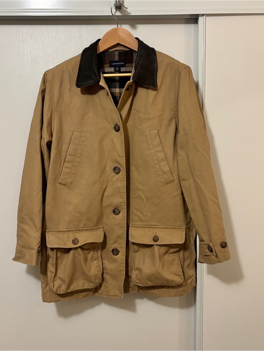 Lands End Tan Chore Jacket Size M Leather Collar Blanket Lining Heritage Field